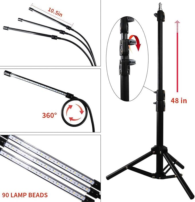 60W LED Full Spectrum Growing Lamps with Tripod Stand Dimmable Timing Greenhouse Flower Adjustable Floor Plant Grow Lights