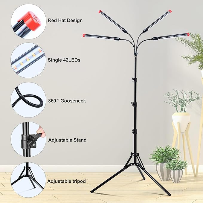 4Head Grow Light with Stand Grow Lights for Indoor Tall Plants Bonsai Tree 4/8/12/16/20H Timer 36 Watt Power Draw NO Need Adapter Bright and Big Coverage Best Gift for Plants Lover