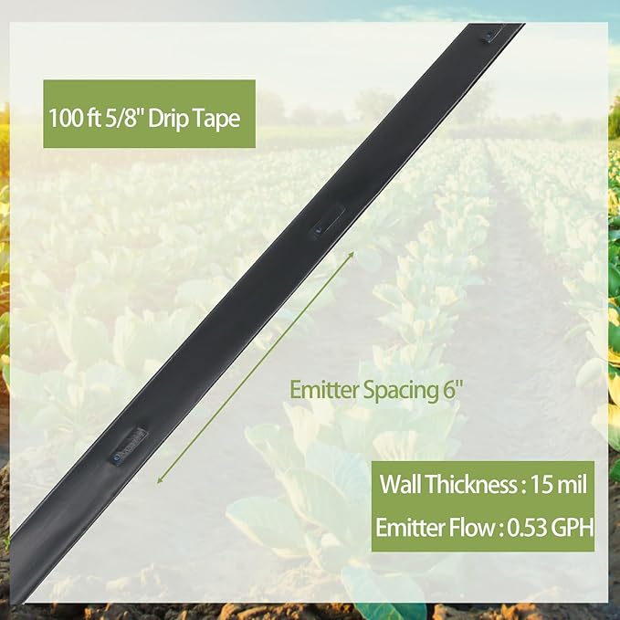 100 ft 5/8 Drip Tape Emitter Spacing 6 Automatic Irrigation Equipment for Garden and Patio - 15 mil Wall Thickness 0.53 GPH Flow Rate