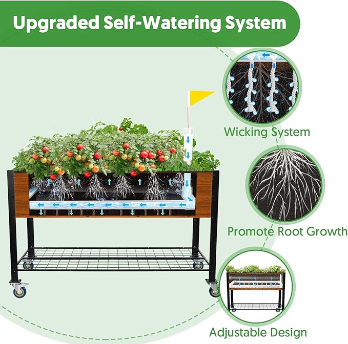 Raised Garden Bed with Legs and Wheels Self-Watering Planter Box 48x24x30 in Elevated Raised Bed with Drainage Hole Built to Withstand Sun Rain and Wind for Up to 2 Years
