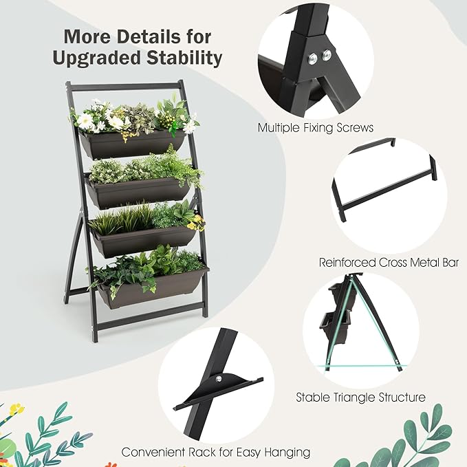 5.2 FT Vertical Raised Garden Bed Metal Standing Planter w/ 4 Drainage Holes and 4 Container Planter Boxes Elevated Garden Bed for Vegetables Flowers Herbs on Balcony Patio Backyard