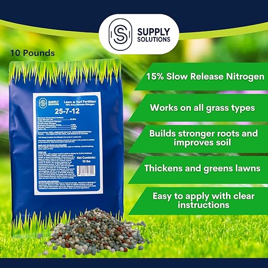 Supply Solutions 25-7-12 Lawn and Turf Fertilizer - 15% Slow Release Nitrogen Lawn Fertilizer for All Grass Types Shrubs - Turf Builder Plant Food Covers 2500 sq.ft (10lbs)