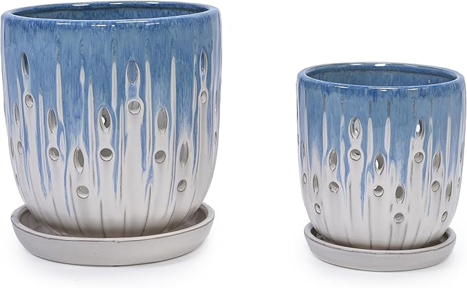 Handmade Blue White Gradient Ceramic Planter Set (7.48×8.07 5.51×6.1) IndoorOutdoor Flower Pot for Orchids Succulents on Windowsill Breathable with Drainage Holes
