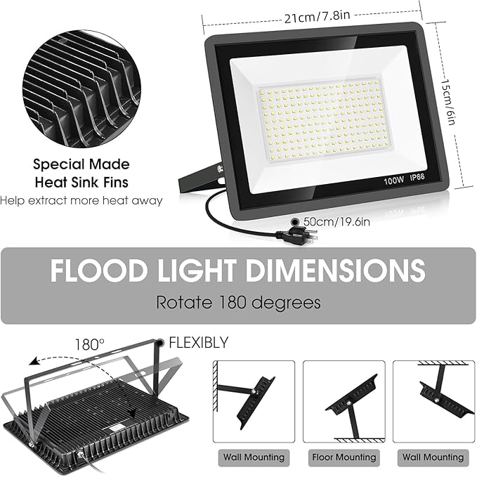 4 Pack 100W LED Flood LightSuper Bright Exterior Security Lights With PlugIP66 Waterproof Outdoor Flood Light 11600lm 5000K Daylight White Floodlight for Yard GardenBasketball Court Arena
