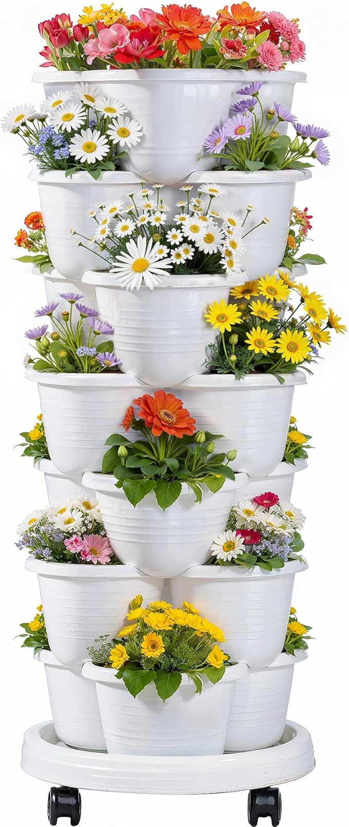 VECELO 7 Tier Vertical Garden Planter Self Watering Stackable Planters with Wheels for Strawberries Herbs Flowers Vegetables White