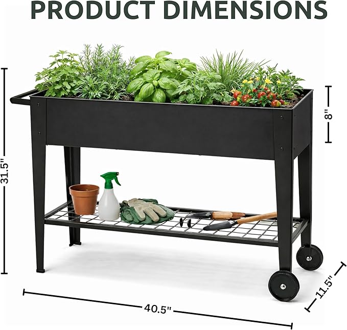 InSideOut Elevated 40 Raised Garden Bed Outdoor with Wheels &amp Shelf for Mobility Metal Planter Box for Vegetables/Herbs Patio-Balcony-Backyard (Charcoal)