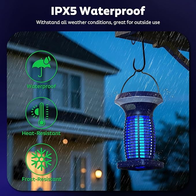 Solar Bug Zapper Outdoor Mosquito Zapper Outdoor Waterproof Electric Fly Zapper Rechargeable Mosquito Killer with Solar Panel 4200V Fly Trap Indoor for Home Backyard Patio Garden Camping
