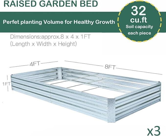 Galvanized Steel Garden Bed 3-Pack 8x4x1ft Large Raised Planter Box for Vegetables Outdoor Metal Garden Kit with Overlapping Side Panels Strong &amp Stable