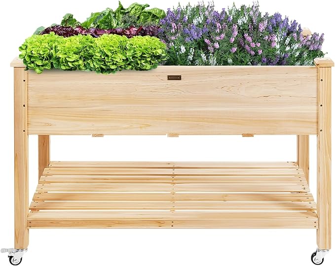 SlickBlue Wood Raised Planter Bed with Wheels Shelf Drainage Liner for Patio