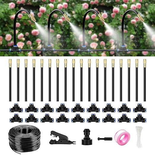 60Ft Drip Irrigation System for Garden – 360° Bendable Automatic Watering Kit with 18 Adjustable Nozzles Misting Hose for Greenhouse Lawn Yard &amp Plants (60 FT)