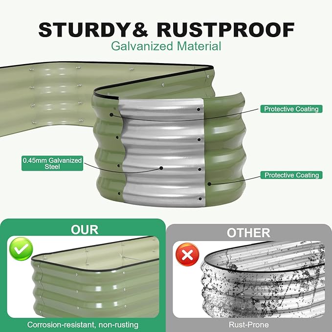 1MORE Raised Garden Bed -5X3X1 Galvanized Planter Box for Outdoor Gardening4 in 1 Modular Raised Bed Kit with Protective Tape Gloves for HerbIdeal for Vegetables and Plants.Green-2Pcak