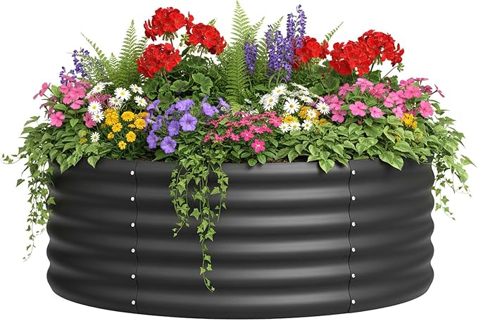 DDK Galvanized Raised Garden BedRound Outdoor Planter Bed 4x4x1.5ft Metal Planter Box for Gardening and PlantingBK