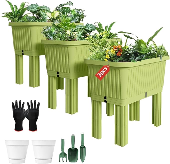 3 Pack Garden Planter Box with Transparent Window Outdoor Large Flower Box with Reinforced Support Rods Dual-Channel Drainage System for Vegetables Flowers and Herbs