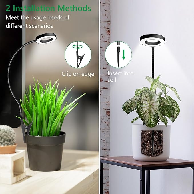 Plant Light 2 Pack Clip on Grow Lights for Indoor Plants LED Full Spectrum Halo Grow Lamp with 6/12/16H Timer 5 Dimmable 3 Modes 2 Installation Options Clip or Plug