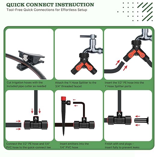 A ANLEOLIFE 100FT Drip Irrigation Kit All-in-One Quick-Connect System with 1/2” Mainline + 1/4” Tubing Y Splitter 22 Adjustable Emitters &amp Nozzles for Raised Beds Greenhouse Vegetable Garden