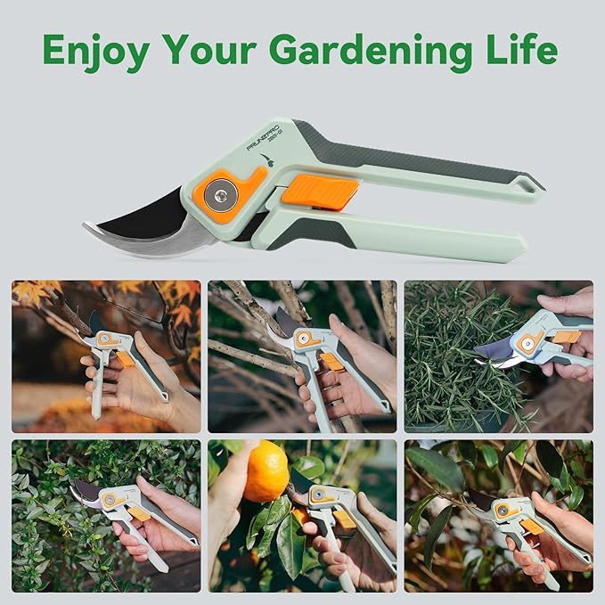 PrunePro 8 Professional Pruning Shears for Gardening Bypass Hand Pruner Stainless Steel Sharp Garden Scissors Plant Flower Rose Garden Clipper Green &amp Orange