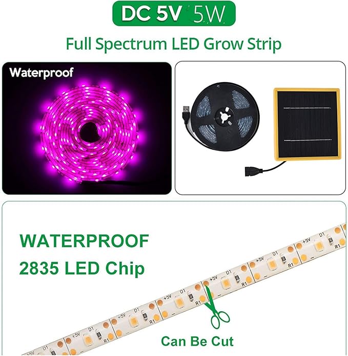 Solar Panel LED Grow Light Full Spectrum 5V Grow Light Strip 5M Waterproof 2835 LED Chip Phyto Lamps 16.4ft Flower Seed Hydroponic Light For Indoor Plants Greenhouse Hydroponic Seedling Growing Lamp