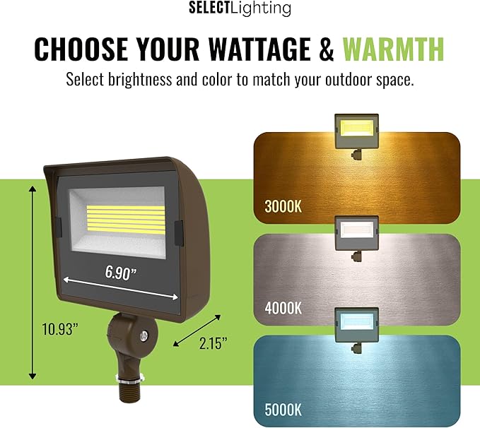 Select LED Flood Light with Photocell 10W/20W/30W Wattage Selectable 3900 Lumen 3000K/4000K/5000K CCT IP65 Waterproof UL Certified Outdoor Security Light for Yard Driveway (Knuckle Mount)