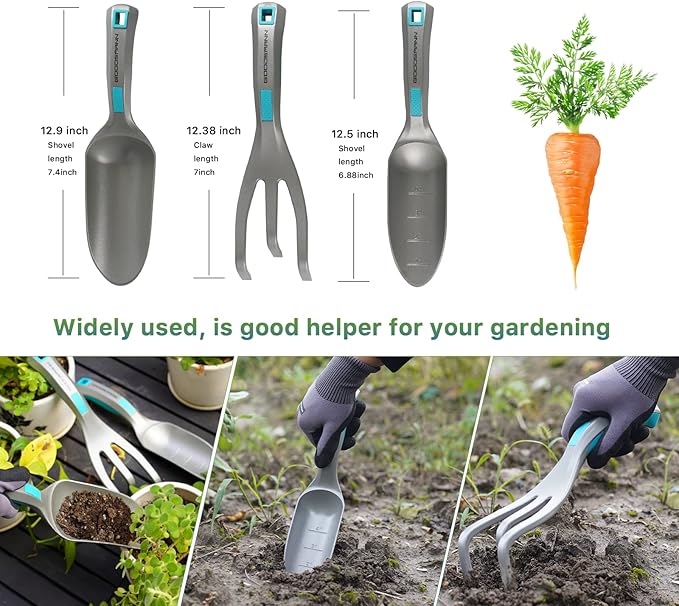 GOODSMANN Garden Tools Set 3 Piece All One Piece Die-Cast Aluminum Gardening Kit Hand Trowel Marker Measurements Transplanter and Cultivator Garden Hand Shovel for Digging Weeding Planting