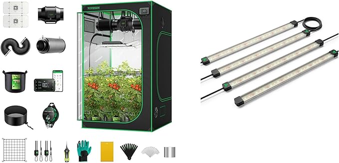 VIVOSUN GIY Smart Grow Tent System 4x4 and LumaRay Side Lighting Bars (4-Bar) Full Spectrum LED Grow Lights for Grow Tents Greenhouses SGS Compatible