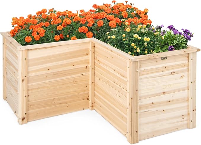 Giantex Wood Raised Garden Bed 47.5x47.5x24.5 Elevated Planter Box w/Open-Ended Base for Deep-Rooted Plant Vegetable Fruit Flower Outdoor Solid Wood Planter for Patio Backyard