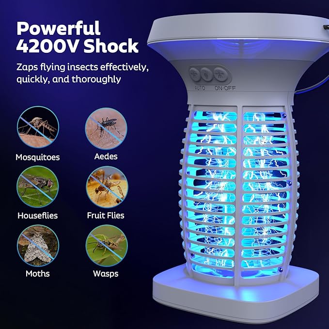 Solar Bug Zapper Outdoor Mosquito Zapper Outdoor Waterproof Electric Fly Zapper Rechargeable Mosquito Killer with Solar Panel 4200V Fly Trap Indoor for Home Backyard Patio Garden Camping