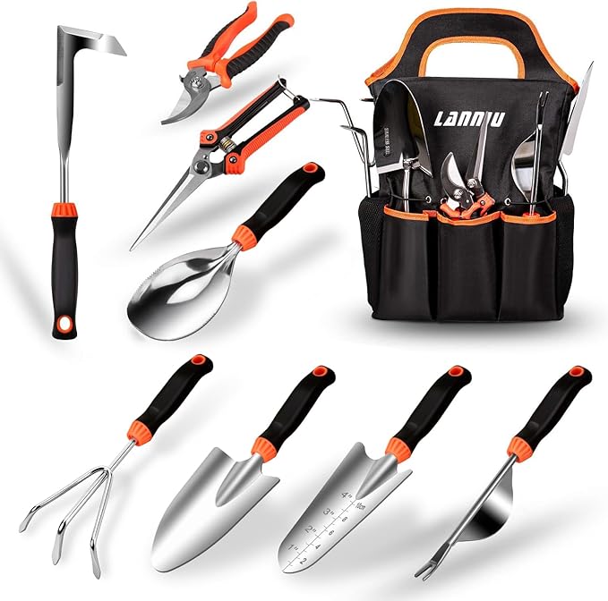 9 Piece Garden Tool Set - Heavy Duty Stainless Steel Gardening Hand Tools with Ergonomic Non-Slip Rubber Handles Pruning Shears Trowel and 600D Storage Tote Bag Gardening Gifts for Women