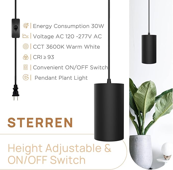 STERREN Plant Grow LightLed Pendant Light for Indoor PlantsFull Spectrum Hanging Grow Lights with 21 FT Height Adjustable Power Cord ON/Off Switch Black Plant Lights for Indoor Plant Growing