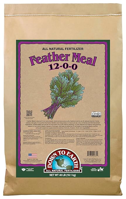 Down To Earth All Natural Fertilizers Organic Feather Meal - Slow Release Nitrogen Plant Food for Green Growth 12-0-0 40 lb