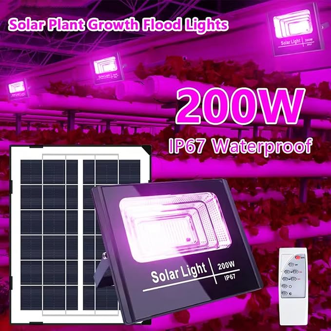 200W Solar Grow Lights Rechargeable Grow Light Full Spectrum Plant Light for Indoor Outdoor Plants with Timer Solar Plant Lights with Remote Control and USB ChargingBlack