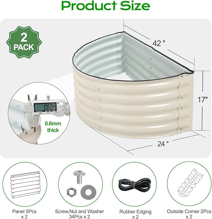 Aoodor 42 L x 24 W x 17 H Half Moon Galvanized Raised Garden Bed Durable Semi-Circular Outdoor Planter Boxes for Vegetables Flowers and Herbs Set of 2 Beige