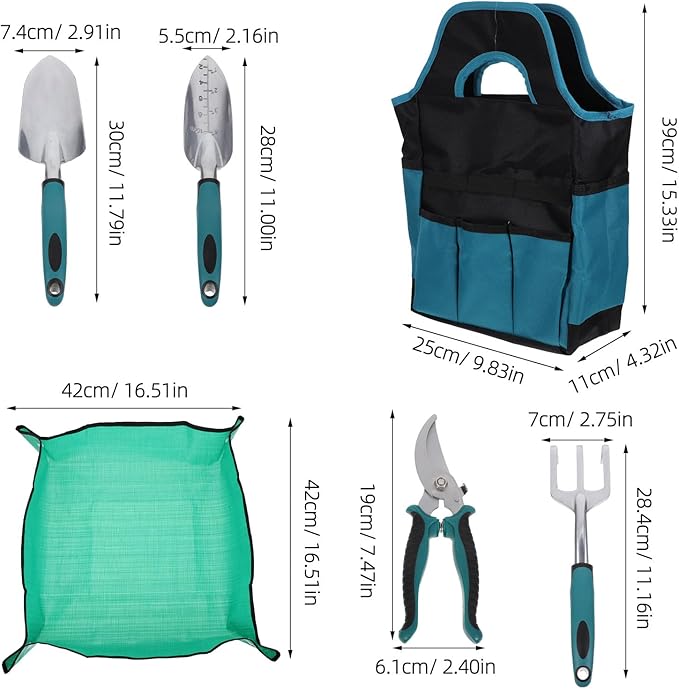 7pcs Garden Tool Set: Includes Shovel Gloves Hand Rake with Scissor - Mat for Indoor Plant - Garden Present for Women &amp Men