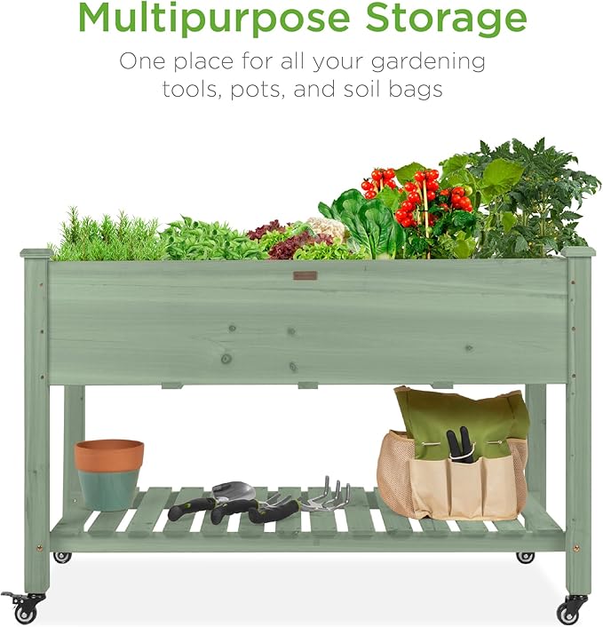 Best Choice Products Raised Garden Bed 48x24x32-inch Mobile Elevated Wood Planter w/Lockable Wheels Storage Shelf Protective Liner - Sage
