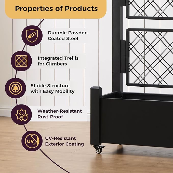 Metal Raised Garden Bed with Trellis 72Hx46Wx16D Inch Large Outdoor Planter Box for Climbing Plants Vegetables &amp Vines Privacy Screen with Wheels and Drainage Holes Black