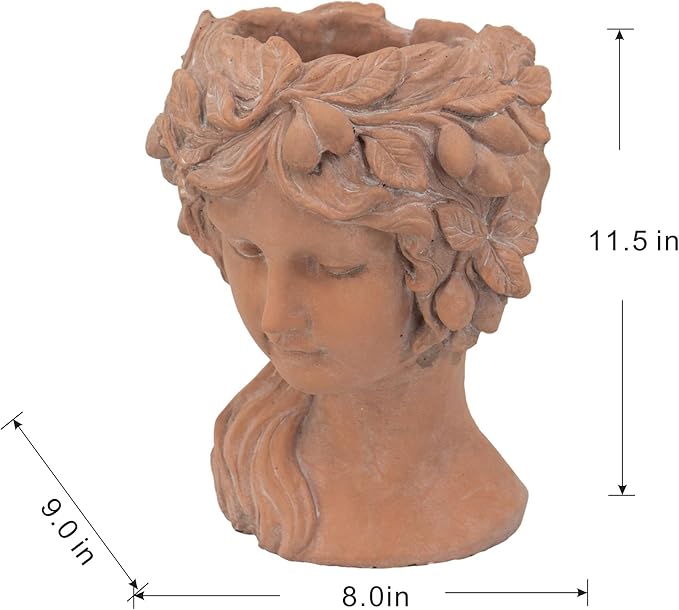 8x9x11.5 Brown Head Bust Planter Cement Head Planter Indoor Outdoor Home GDecor