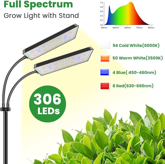 Wiaxulay Grow Light with Stand Full Spectrum Floor Plant Lights for Indoor Growing Height Adjustable 24-68 Ideal for Growing Large Plants 4/8/12/16H Timer3 Lighting Modes306 LED (2 Heads)