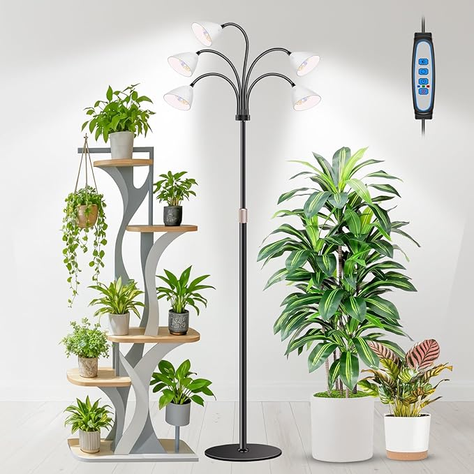 Wolezek Grow Lights for Indoor Plants Full Spectrum with Stand 5-Head 120 LEDs Floor Plant Grow Lamp for Large Plants Auto ON/Off Timer 6/12/16H 5 Dimmable Levels Adjustable Height 16.5-61