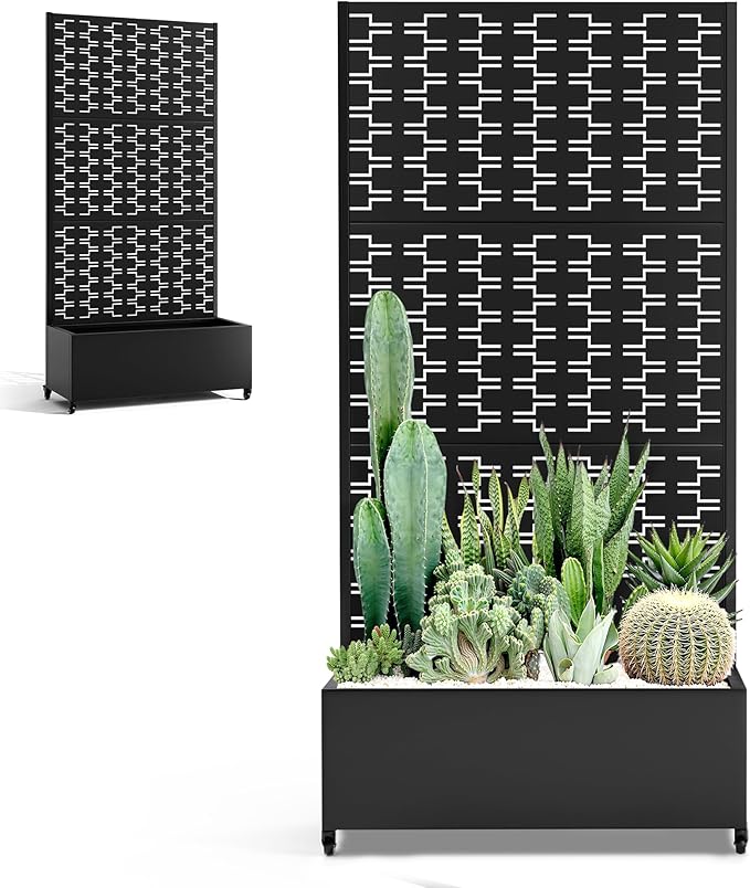 Planter Box with Trellis and Wheels Metal Privacy Screen with Garden Beds Outdoor for Climbing Plants Standing Planter Boxes with Drainage Holes (35 L×16 W×71 H Black Rectangle)