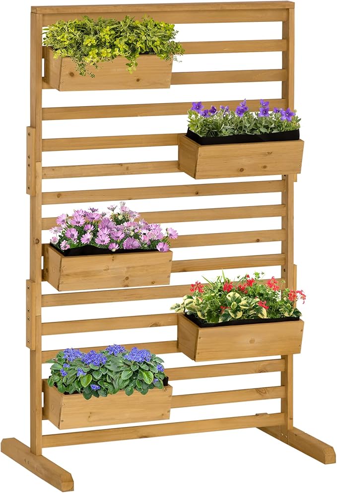 Wooden Plant TrStand with 5 Hanging Planter Boxes Freestanding Outdoor Plant Stand for Patio Garden Balcony Porch