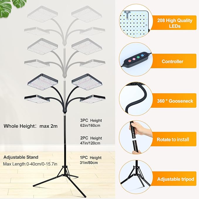 FECiDA 2026 4Head Grow Lights with Upgraded Stand Big Coverage Grow Lights for Indoor Large Plants Bonsai Tree 4/8/12/16/20 Hr Timer 100 Watt Power Draw NO Need Adapter 24-76 Height Adjustable