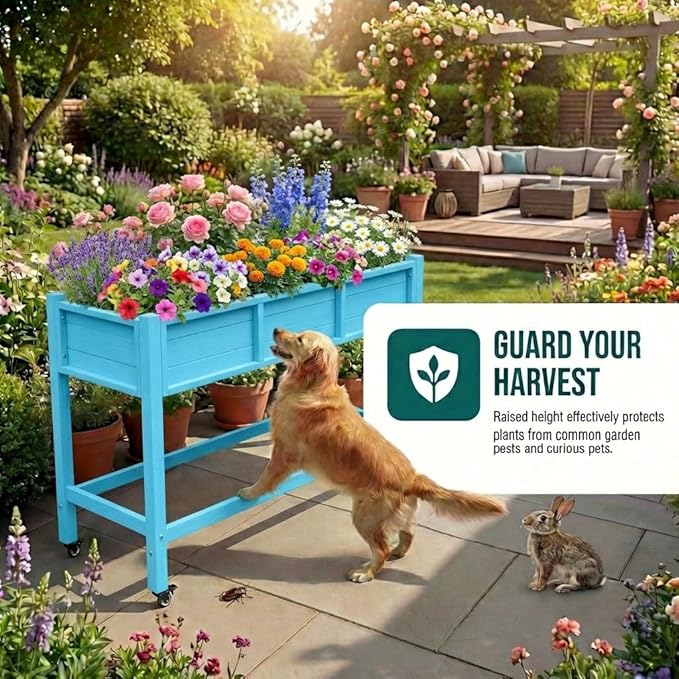 YITAHOME Raised Garden Bed HDPE 47x18x31In Raised Flower Bed Poly-Wood Weather-Resistant Elevated Planter Box with Lockable Wheels for Vegetables Aruba Blue