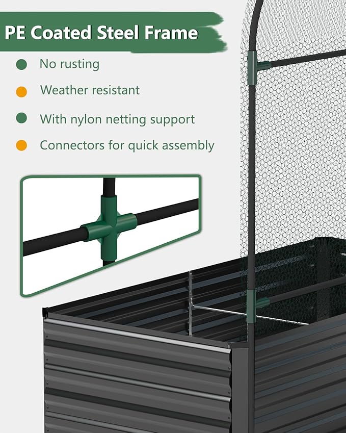 FOOWIN Raised Garden Bed with Arch Trellis for Climbing PlantsGalvanized Raised Garden BedPlanter Boxes Outdoor for Vegetables Flowers Herb478 Gallon Capacity Black