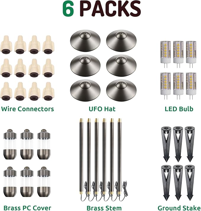 DOSHINE® Solid Brass Low Voltage Landscape Lighting Pathway Lights (9 Shade 22 Tall) with Replaceable 3W G4 LED Bulb 3000K AC/DC 12V and Ground Stake for Outdoor Walkway Driveway (UFO 6-Pack)