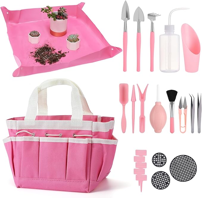 44pcs Small Gardening Tools Gifts for Women Beginners - Garden Hand Tools Set for Indoor Succulent Bonsai Plants Transplanting Included Bag/Repotting Mat/Shovel/Labels Pink