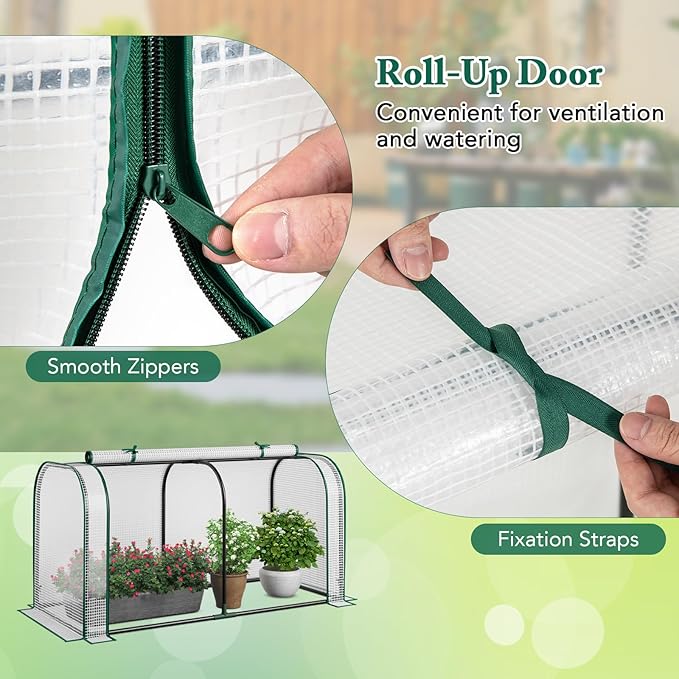 Raised Garden Bed with Greenhouse Waterproof Sun-Protective Green House with Roll-Up Door &amp Electroplated Metal Frame Pine Wood Elevated Planter Box with Drainage Holes(White+Gray)