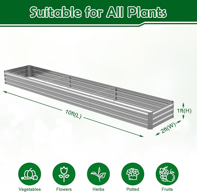10x2x1FT Galvanized Raised Garden Bed Outdoor Patio Large Rectangular Metal Planter BoxesPlant Container Kit for Gardening Vegetables Flowers HerbsSilver1 Pack