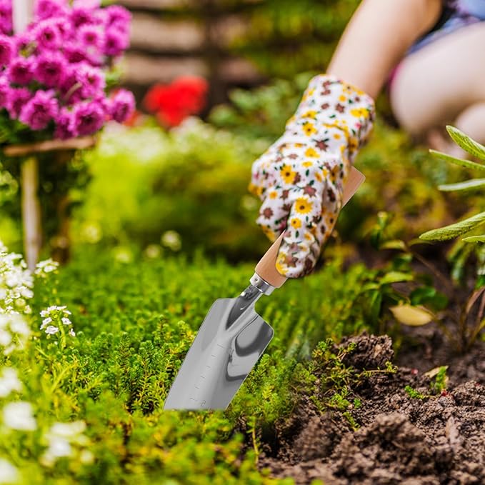BETOOKY Garden Tool Set with Wood Handle 4pcs Portable Hand Tools for Gardening Including Wide Shovel Pointed Shovel 3-Prong Rake and 3-Prong Hoe Suitable for Planting and Cultivating