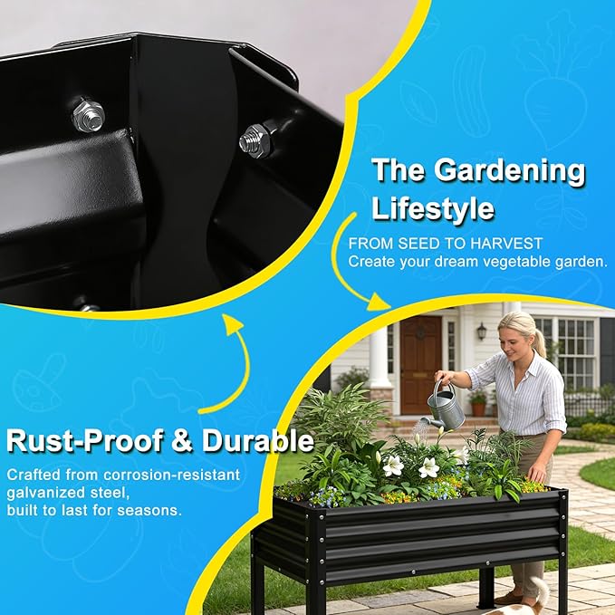 Large Galvanized Raised Garden Bed Outdoor with Legs Load Capacity 1200LB 48x26x30in Metal Elevated Raised Planter Box for Backyard/Patio/Balcony/Gardening/Vegetables Flowers Black