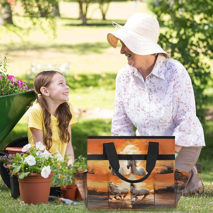 Sunset Horse Garden Tool Bag for Women Men Garden Storage Tote Bag with 10 Pockets &amp Handle Gardening Tool Organizer for Garden Patio Indoor Outdoor