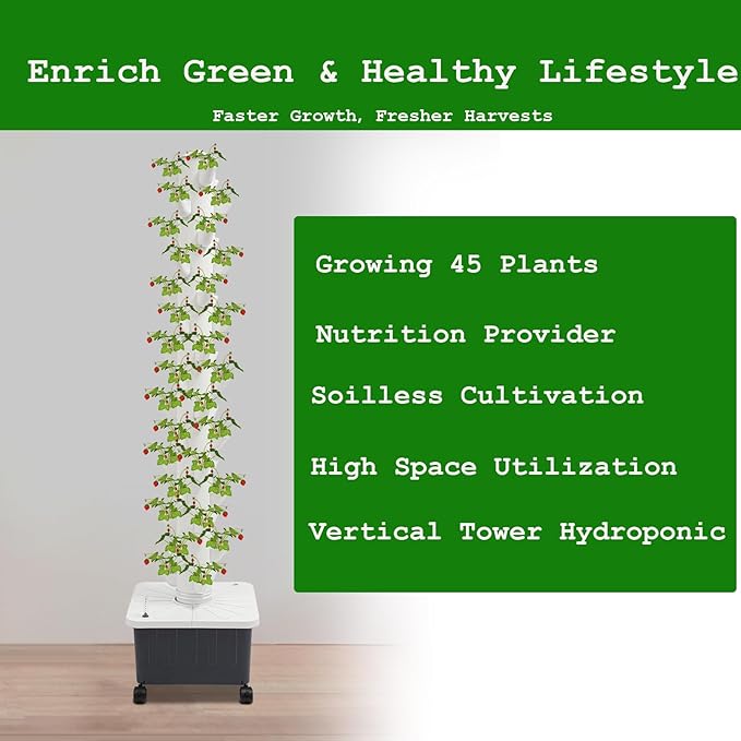 15-Tier Hydroponic Growing Tower 45-Plant Vertical Garden Kit with Water Pump Hydroponics Tower Growing System with 4 Wheels for Herbs Vegetables Strawberries (White)